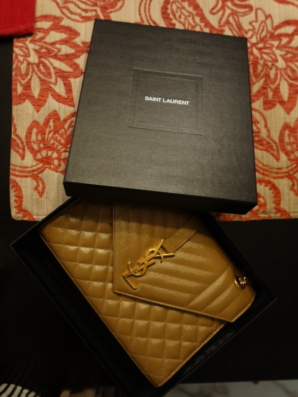 Saint Laurent Quilted Envelope Shoulder Bag in Mustard Yellow